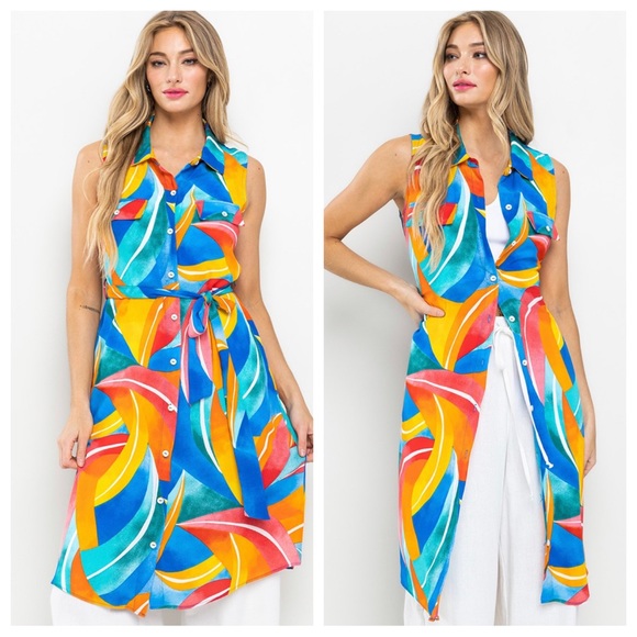 23 Fabulous Multi Color Button Up Dress With Self-tie - Picture 3 of 4